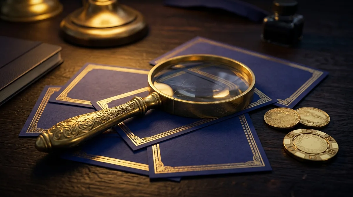 A golden magnifying lens over blank indigo vouchers and gold coins