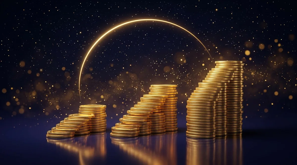 Three ascending gold chip staircases under an indigo sky with a golden seven-day moon arc