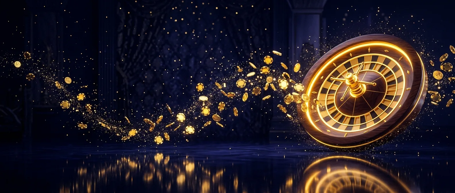 Indigo casino night scene with a solar-gold roulette wheel and cascading gold chips under starlight